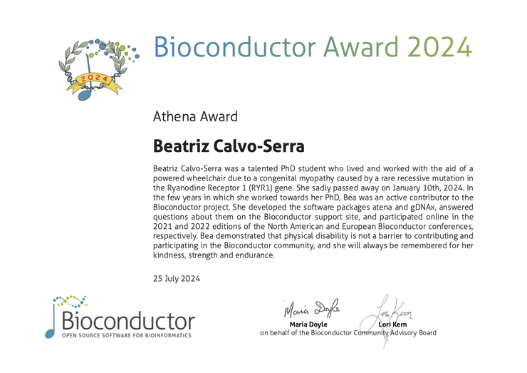 Award certificate for Beatriz Calvo-Serra
