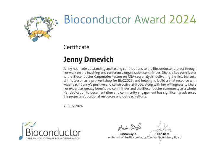Award certificate for Jenny Drnevich