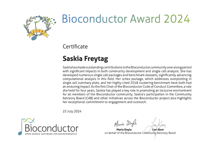 Award certificate for Saskia Freytag
