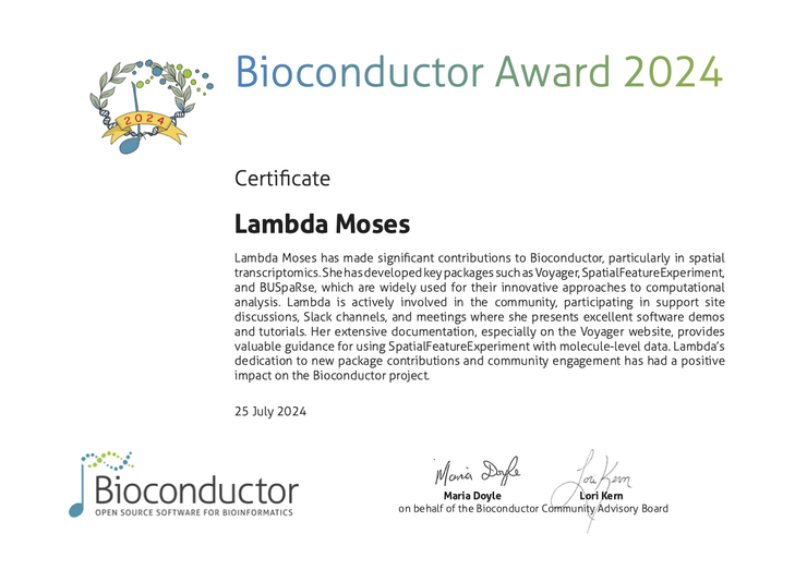 Award certificate for Lambda Moses